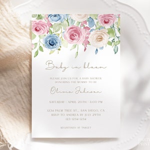 Baby In Bloom Baby Shower Invitation Template, Printable Pink And Blue Roses Baby Shower Invitation, Editable Floral Baby Shower Invite, W47
