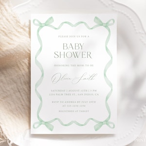 Sage Green Ribbon Frame Baby Shower Invitation Template, Editable Green Bow Baby Shower Invite, Instant Gender Neutral Shower Invite, S31