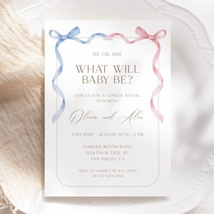Editable Gender Reveal Invitation Template, Pink Blue Bow Gender Reveal Invite, He Or She Invite, Boy Or Girl Reveal Invitation Download W34