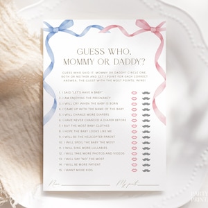 Editable Pink & Blue Mommy Or Daddy Game, Pink Blue Bow Who Said It Template, Printable Gender Reveal Party Games, Guess Who Mom Or Dad, W34