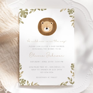 Editable Lion Baby Shower Invitation Template, Boho Minimalist Safari Baby Shower Invite, Printable A Little Wild One Jungle Invite, M01