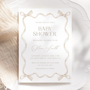 Light Beige Ribbon Frame Baby Shower Invitation Template, Editable Beige Bow Baby Shower Invite, Instant Gender Neutral Shower Invite, S29