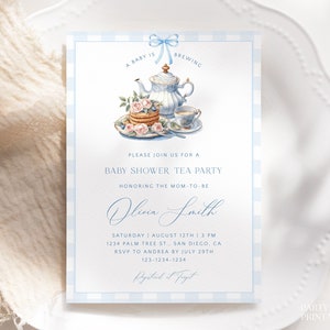 Editable Blue Baby Shower Tea Party Invitation Template, Baby Is Brewing Brunch Invite, Boy Gingham Baby Shower Invite, Printable Invite T01
