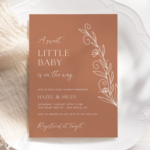 Minimalist Terracotta Baby Shower Invitation Template, Boho Brown Shower Invite, Editable Gender Neutral Sweet Little Baby On The Way Invite