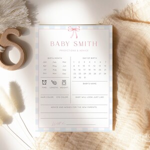 Personalised Gingham Bow Baby Shower Predictions And Advice Cards, Preppy Pink Blue Baby Predictions Template, Editable Predictions Card G03