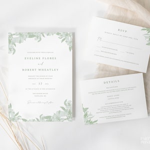 Green Vintage Floral Wedding Suite Template, Editable Sage Green Botanical Wedding Invite, Printable Invitation Set, Instant Download, B03
