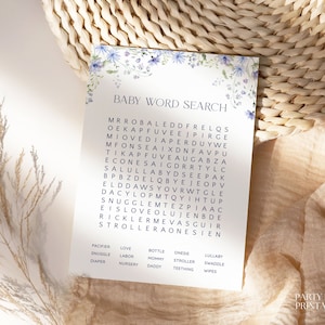 Blue Floral Baby Word Search Game, Print Ready Boy Baby Shower Word Search, Printable Dusty Blue Wildflower Baby Shower Game Answer Key, S10