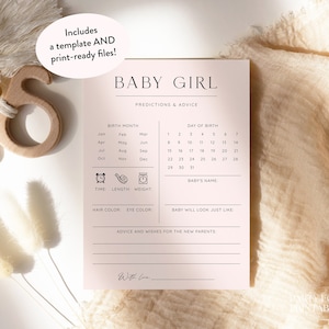 Blush Girl Baby Shower Predictions And Advice Cards, Minimalist Printable Pink Predictions Template, Editable Instant Baby Predictions Game