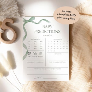 Sage Green Bow Baby Shower Predictions And Advice Cards, Gender Neutral Shower Predictions Template, Editable Instant Predictions Game S24