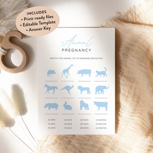 Minimalist Blue Animal Pregnancy Game, Editable Boy Baby Shower Game Template, Printable Baby Animal Game, Modern Animal Gestation Game S04