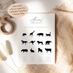 Minimalist Animal Pregnancy Game, Editable Baby Shower Game Template, Printable Baby Animals Game, Modern Instant Animal Gestation Game, S04