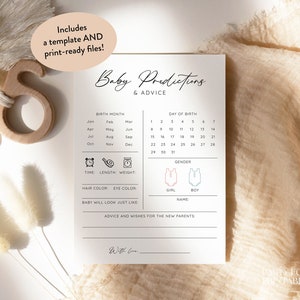 Editable Minimalist Baby Shower Predictions And Advice Card, Modern Baby Predictions Template, Gender Neutral Baby Predictions DIY Game, S04