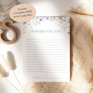 Editable Blue Floral Prayers For Baby, Printable Baby In Bloom Prayers For, Dusty Blue Wildflower Prayer For Baby Game, Boy Baby Shower, S10