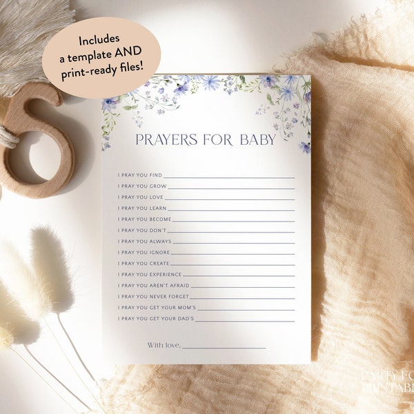 Editable Blue Floral Prayers For Baby, Printable Baby In Bloom Prayers For, Dusty Blue Wildflower Prayer For Baby Game, Boy Baby Shower, S10