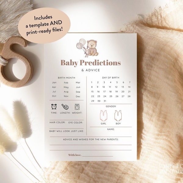 Editable Boho Bear Baby Shower Predictions And Advice Card, Cute Bear Baby Predictions Template, Gender Neutral Baby Predictions Game, S06