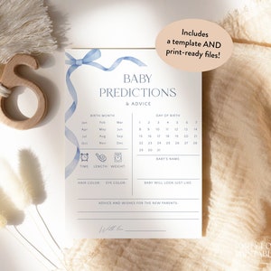 Blue Bow Baby Shower Predictions And Advice Cards, Boy Baby Shower Predictions Template, Editable Instant Dusty Blue Predictions Game, S14