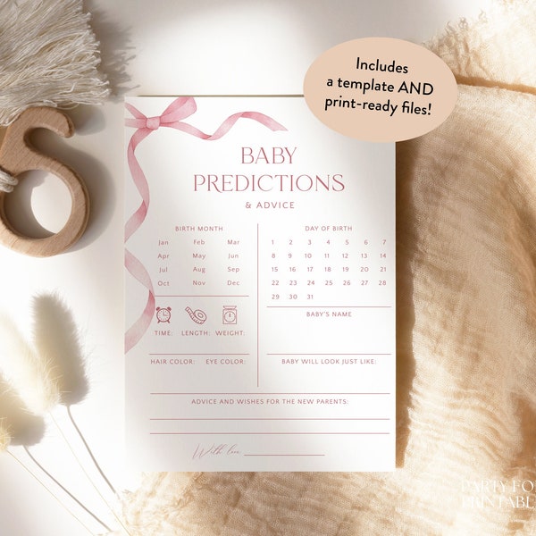 Dusty Pink Bow Baby Shower Predictions And Advice Cards, Girl Baby Shower Predictions Template, Editable Instant Pink Predictions Game, S16