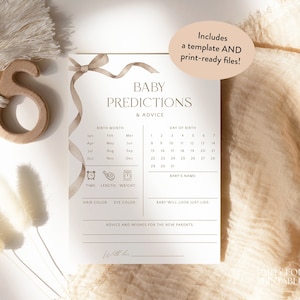 Beige Bow Baby Shower Predictions And Advice Cards, Gender Neutral Baby Shower Predictions Template, Editable Instant Predictions Game, W35