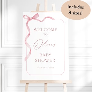 Editable Dusty Pink Bow Baby Shower Welcome Sign Template, Editable Girl Baby Shower Welcome Sign, Printable Pretty In Pink Baby Poster, S16