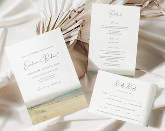 MARIS Beach Wedding Invitation Suite Digital Template, Watercolor Seaside Invite Set, Editable Invitation Suite, Coastal Wedding Invitation