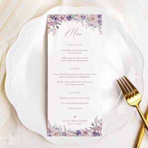 Editable Purple Pink Floral Baby Shower Menu Template, Violet Roses Baby Shower Menu, Printable Flower Baby In Bloom Shower Dinner Menu, A10