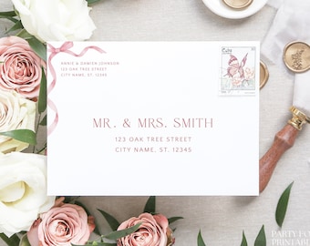 Editable Dusty Pink Bow Envelope Address Template, Personalised Girl Baby Shower Address Label, Printable Instant Addressed Envelope A7, S16