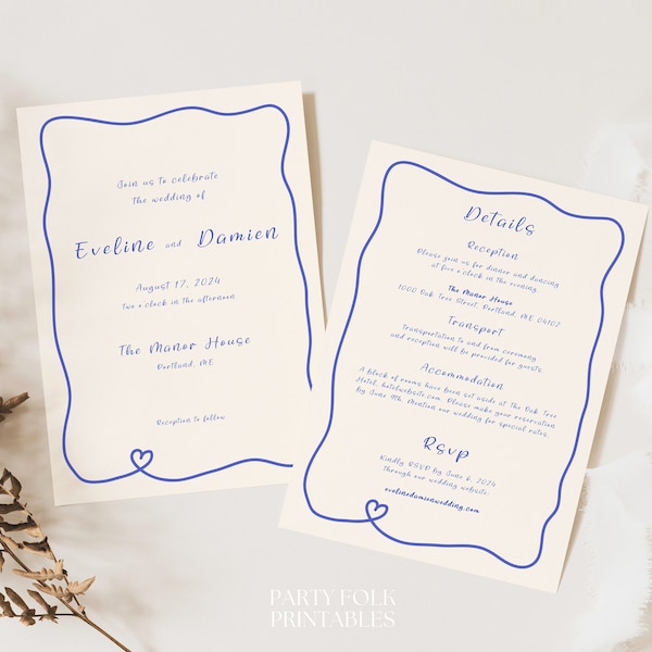 Whimsical Blue Wedding Invitation Template, Wavy Line Quirky Invite, Fun Trendy Double Sided Invitation,  Hand Drawn Scribble Invite, A18