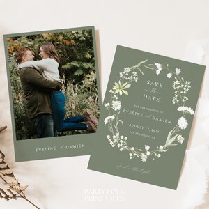 Sage Green Floral Save The Date Template, Editable Boho Save The Date, Printable Boho Save The Date, Wildflower Photo Save The Date, E07