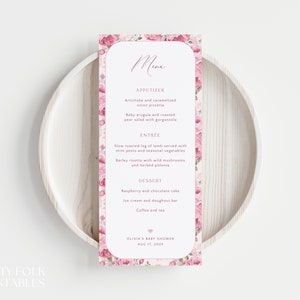 Editable Pink Roses Baby Shower Menu Template, Shabby Chic Shower Menu, Pretty In Pink Dinner Menu, Printable Floral Girl Baby Shower, A11