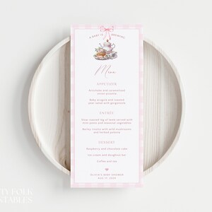 Editable Pink Baby Shower Tea Party Menu Template, Baby Is Brewing Brunch Menu, Pink Girl Baby Shower Dinner Menu, Printable Baby Menu, T06