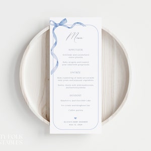 Editable Blue Bow Baby Shower Menu Template, Dusty Blue Ribbon Shower Menu, Minimalist Blue Bow Dinner Menu, Printable Boy Baby Shower, S14