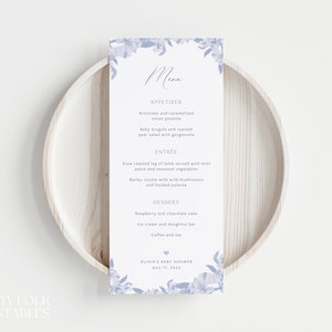 Editable Blue Vintage Florals Baby Shower Menu Template, Chinoiserie Shower Menu, Printable Dusty Blue Flowers Baby Shower Dinner Menu, A09