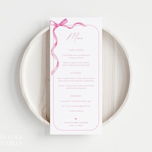 Editable Pink Bow Baby Shower Menu Template, Pink Ribbon Girl Shower Menu, Minimalist Hot Pink Dinner Menu, Printable Girl Baby Shower, S17