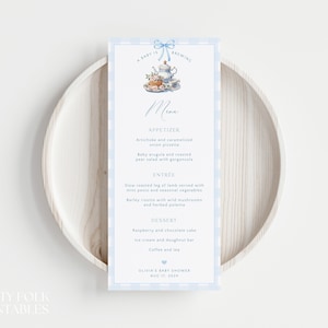 Editable Blue Baby Shower Tea Party Menu Template, Baby Is Brewing Brunch Menu, Boy Gingham Baby Shower Dinner Menu, Printable Baby Menu T01
