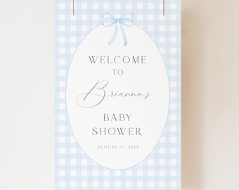Editable Blue Gingham & Bow Baby Shower Welcome Sign Template, Preppy Blue Gingham Boy Baby Shower Welcome Sign, Boy Baby Shower Poster, G01