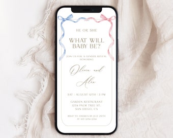 Editable Gender Reveal Mobile Invitation Template, Digital Pink Blue Bow Gender Reveal Invite, He Or She, Boy Or Girl Reveal SMS Evite, W34