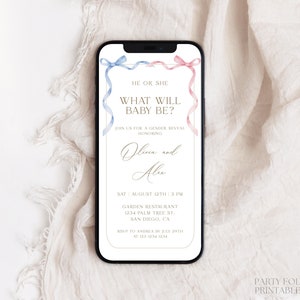 Editable Gender Reveal Mobile Invitation Template, Digital Pink Blue Bow Gender Reveal Invite, He Or She, Boy Or Girl Reveal SMS Evite, W34