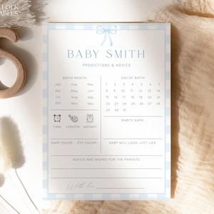 Personalized Blue Gingham Bow Baby Shower Predictions And Advice Cards, Preppy Baby Boy Predictions Template, Editable Predictions Card, G01
