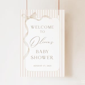 Editable Beige Bow & Stripes Baby Shower Welcome Sign Template, Instant Gender Neutral Baby Shower Welcome Sign, Light Beige Baby Poster S41