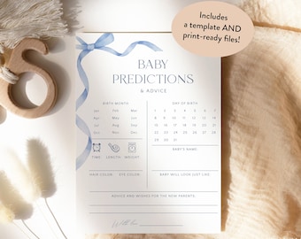 Blue Bow Baby Shower Predictions And Advice Cards, Boy Baby Shower Predictions Template, Editable Instant Dusty Blue Predictions Game, S14