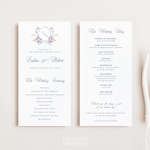 Floral Crest Wedding Program Digital Template, Dusty Blue Program, Monogram Crest Editable Program, Wedding Ceremony Programme Instant, C03