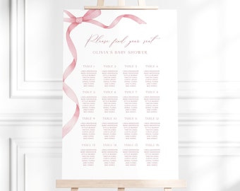 Editable Dusty Pink Bow Seating Chart Template, Instant Girl Baby Shower Seating Chart, Printable Pink Ribbon Baby Girl Seating Poster, S16