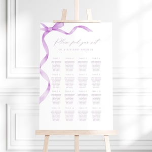 Editable Lilac Bow Seating Chart Template, Instant Purple Girl Baby Shower Seating Chart, Printable Violet Ribbon Baby Seating Poster, S15