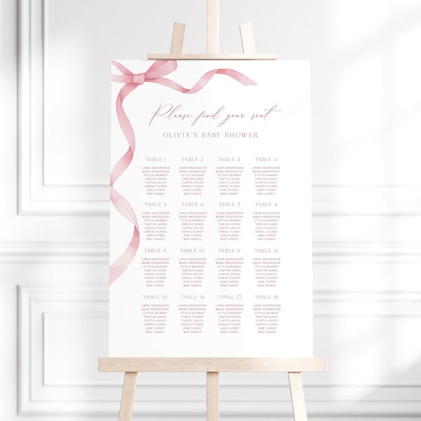 Editable Dusty Pink Bow Seating Chart Template, Instant Girl Baby Shower Seating Chart, Printable Pink Ribbon Baby Girl Seating Poster, S16