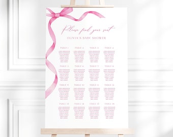 Editable Hot Pink Bow Seating Chart Template, Instant Girl Baby Shower Seating Chart, Printable Pink Ribbon Baby Girl Seating Poster, S17