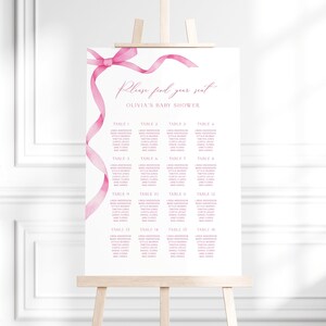 Editable Hot Pink Bow Seating Chart Template, Instant Girl Baby Shower Seating Chart, Printable Pink Ribbon Baby Girl Seating Poster, S17