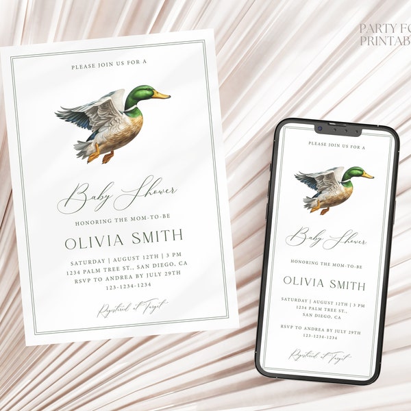 Editable Mallard Duck Baby Shower Invitation Template, Minimalist Mallard Duck Baby Shower Mobile Invite, Printable Duck Shower Evite, W09