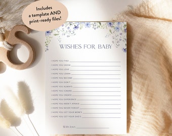 Editable Blue Floral Wishes For Baby, Printable Baby In Bloom Wish For Baby, Dusty Blue Wildflower Hopes For Baby Game, Boy Baby Shower, S10
