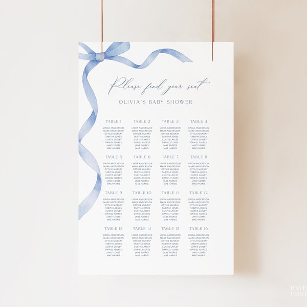 Editable Blue Bow Seating Chart Template, Instant Boy Baby Shower Seating Chart, Printable Dusty Blue Ribbon Baby Boy Seating Poster, S14