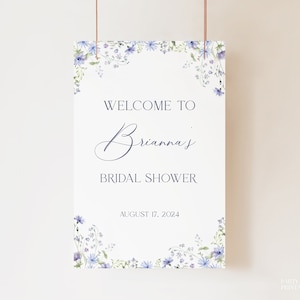 Blue Floral Bridal Shower Welcome Sign Template, Printable Dusty Blue Bridal Welcome Sign, Editable Wildflower Something Blue Sign, S11